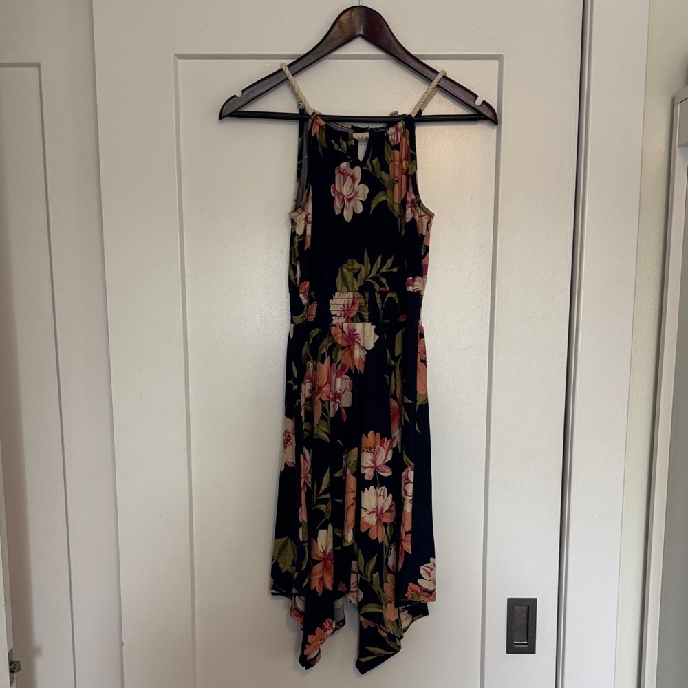 Chenault Floral Asymmetrical Dress - Navy and Pink